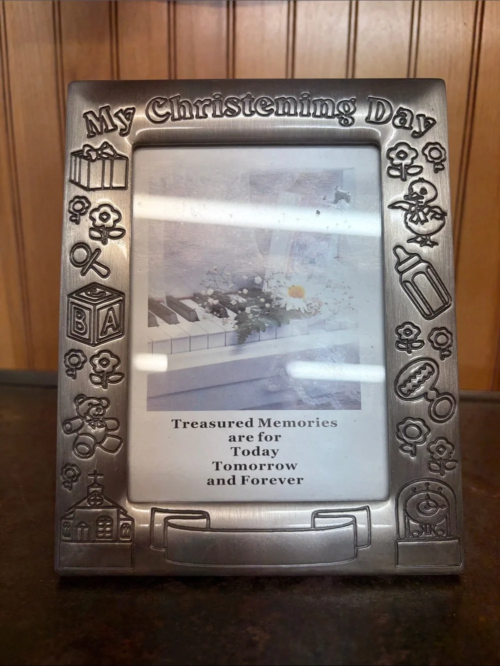 My Christening Day Silver Plate Photo Frame. Embossed Details & Customizable 4x6